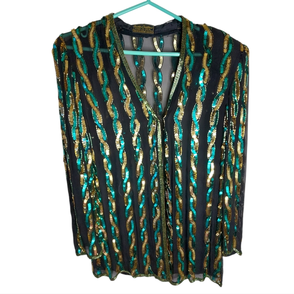 Creative Creations Vintage 100% Silk Sequin Blouse Long Sleeve